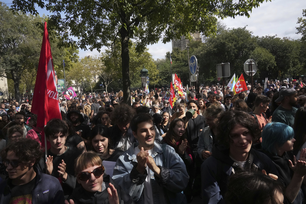 Protestors gather during the « Bloquons Tout » (Block Everything) protest movement in Paris, Wednesday, Sept. 10, 2025. (AP Photo/Thibault Camus)
