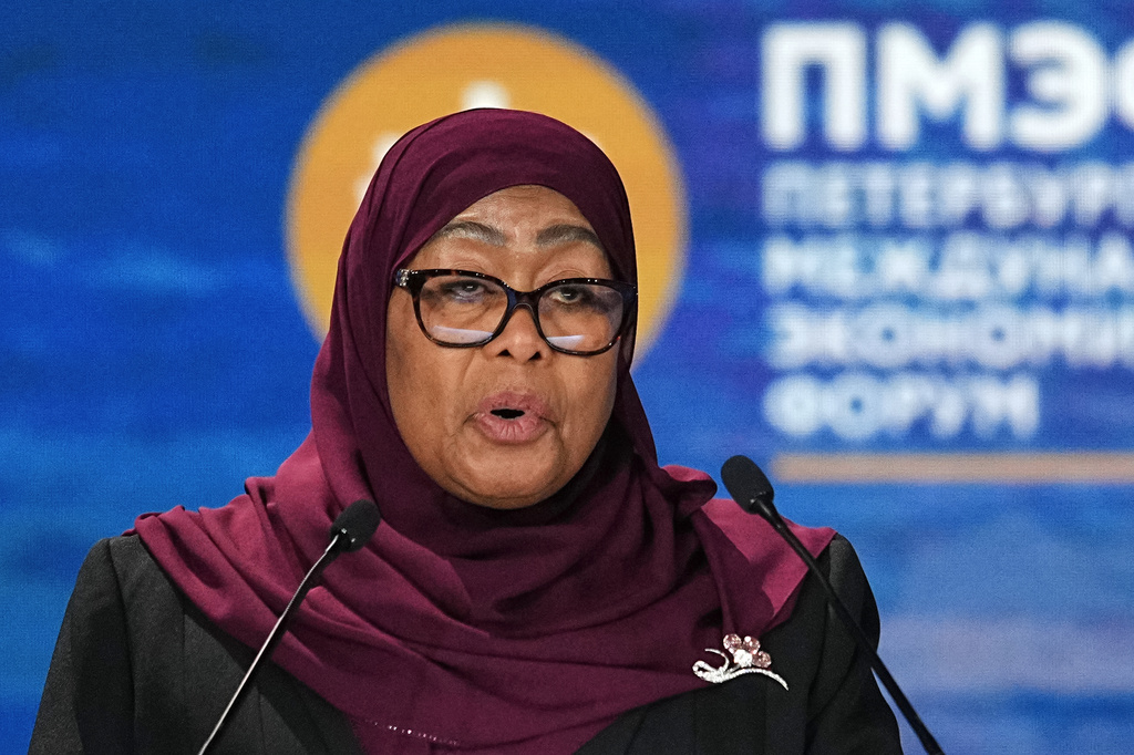 FILE - Tanzanian President Samia Suluhu Hassan speaks at a plenary session at the St. Petersburg International Economic Forum in St. Petersburg, Russia, on June 5, 2026. (AP Photo/Dmitri Lovetsky, File)