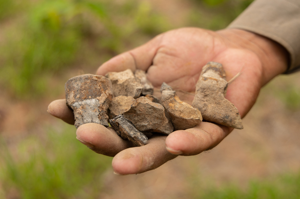 A deminer holds up the remnants of a destroyed anti-personnel landmine in Siem Reap, Cambodia on Thursday, July 2, 2026. (AP Photo/Anton L. Delgado)