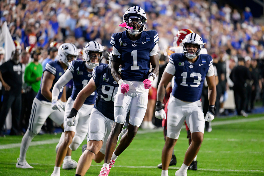 BYU cornerback Therrian Alexander (1) celebrates a forth down stop during the first half of an NCAA college football game against Iowa State, Friday, Oct. 9, 2026, in Provo, Utah. (AP Photo/Tyler Tate)