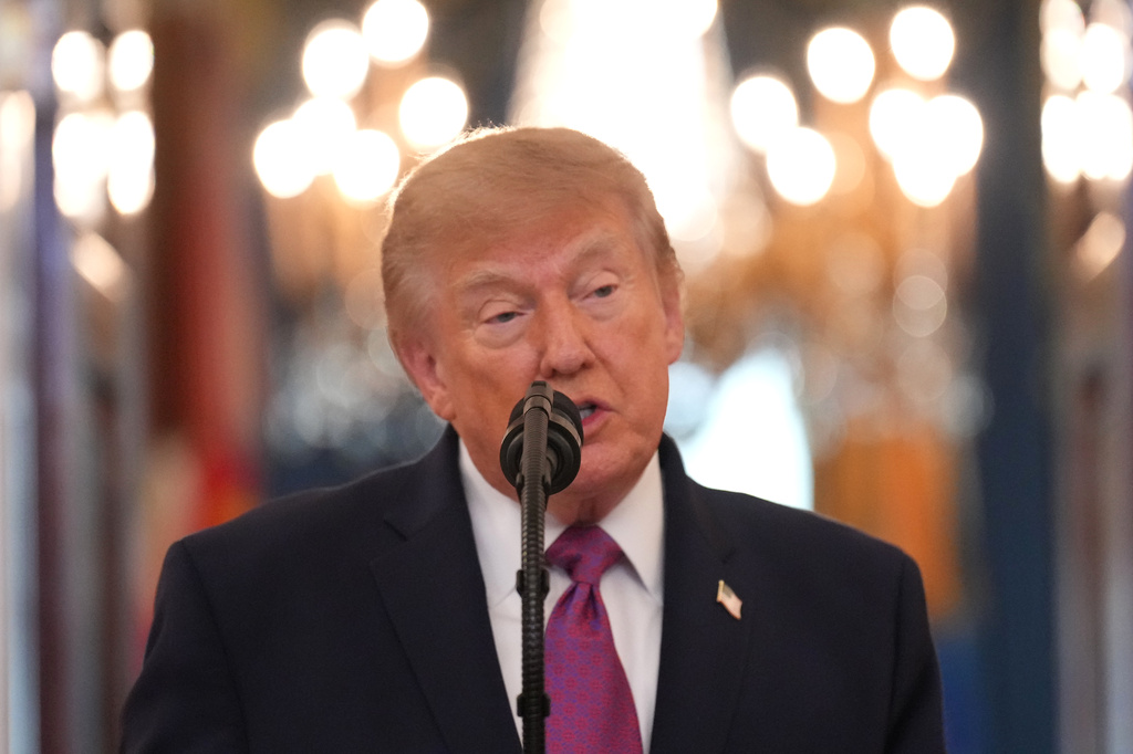 President Donald Trump speaks during an arrival ceremony with China's President Xi Jinping in the Grand Foyer of the White House, Thursday, Sept. 24, 2026, in Washington. (AP Photo/Jacquelyn Martin)