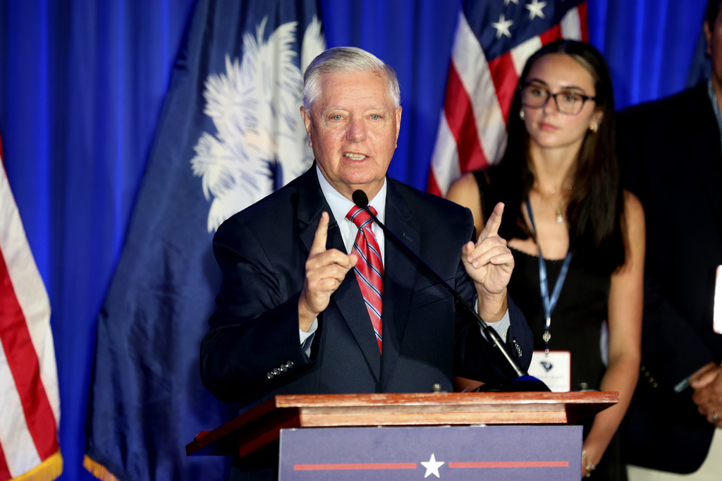 Republican U.S. Sen. Lindsey Graham speaks after winning the Republican primary on Tuesday, June 9, 2026, in Columbia, S.C. (AP Photo/Jeffrey Collins)
