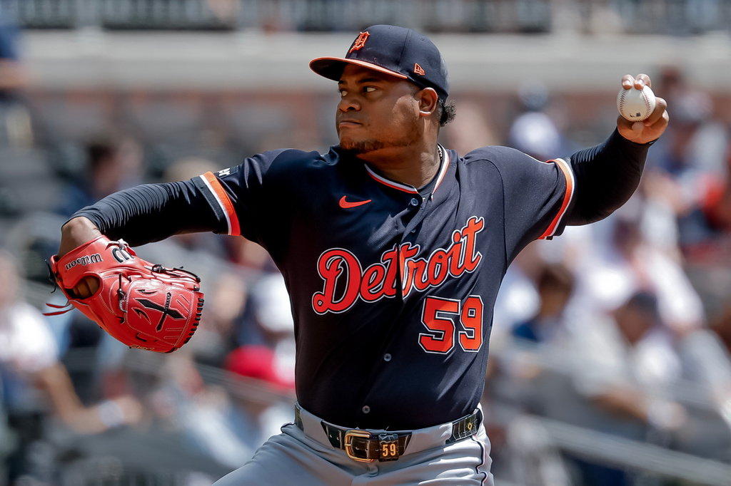 Detroit Tigers starting pitcher Framber Valdez (59) delivers to an Atlanta Braves batter during the first inning of a baseball game, Thursday, April 30, 2026, in Atlanta. (AP Photo/Erik S. Lesser)
