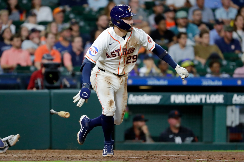 Houston Astros' Raynel Delgado drops his bat as he watches his two-run RBI single against the Detroit Tigers during the eighth inning of a baseball game, Tuesday, June 16, 2026, in Houston. (AP Photo/Michael Wyke)