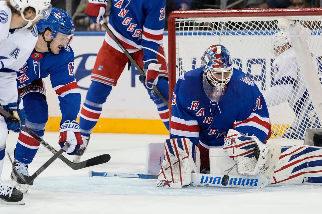 New York Rangers goaltender Igor Shesterkin (31) defends the goal during the second period of an NHL hockey game, Saturday, Nov. 29, 2025, in New York. (AP Photo/Yuki Iwamura)
