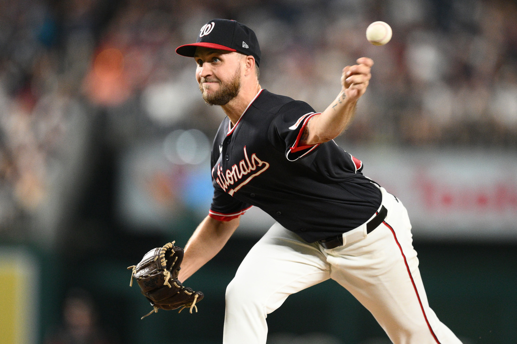 Washington Nationals pitcher Carson Palmquist throws during the third inning of a baseball game against the New York Yankees, Friday, July 10, 2026, in Washington. (AP Photo/Nick Wass)