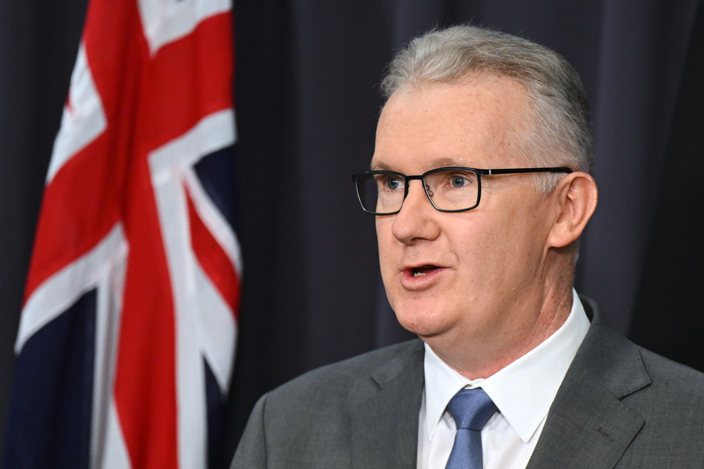 Australian Home Affairs Minister Tony Burke speaks to the media during a press conference at Parliament House in Canberra, Australia, Wednesday, March 11, 2026. (Lukas Coch/AAPImage via AP)/AAP Image via AP)