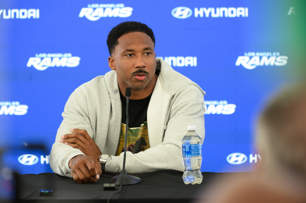 Los Angeles Rams defensive end Myles Garrett speaks to the media during a press conference following the NFL football team's practice, Tuesday, June 2, 2026, in Woodland Hills, Calif. (AP Photo/Kyusung Gong)