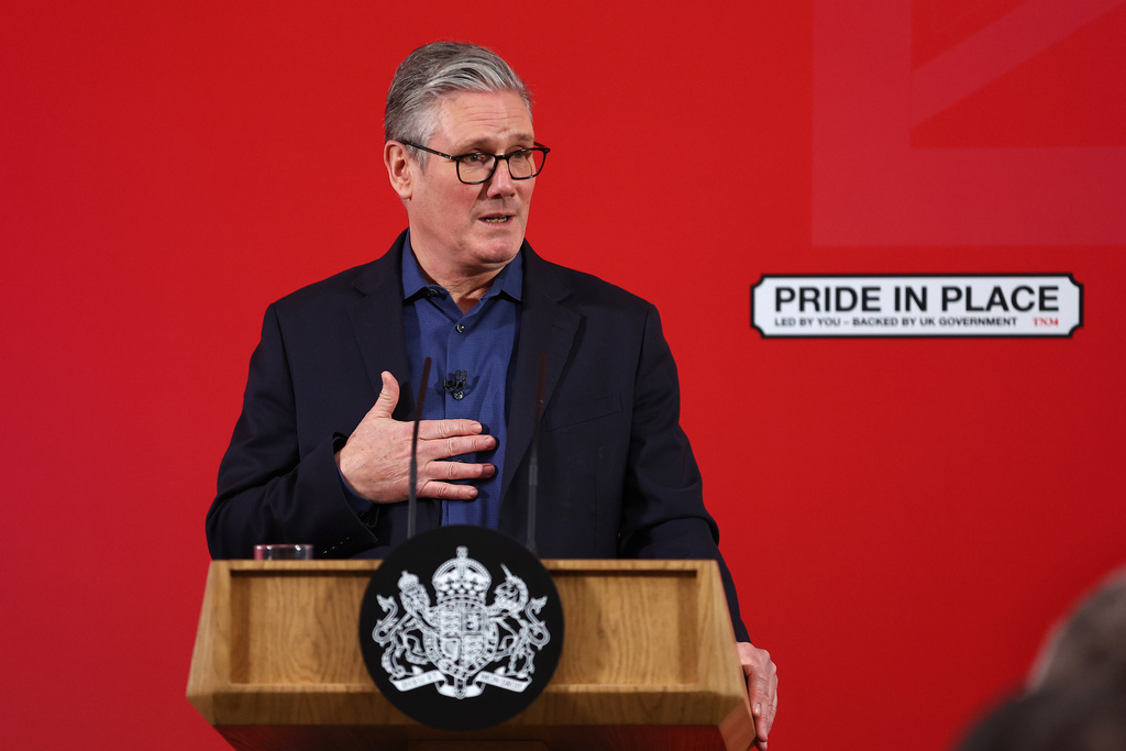 Britain's Prime Minister Keir Starmer delivers a speech at Horntye Park Sports Complex in St Leonards-on-Sea, East Sussex, England, Thursday, Feb. 5, 2026. (Peter Nicholls/Pool Photo via AP)