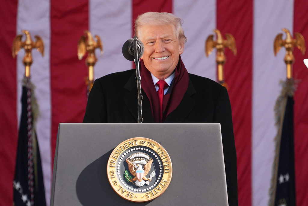 President Donald Trump speaks during an event to mark Veterans Day at Arlington National Cemetery, Tuesday, Nov. 11, 2025, in Arlington, Va. (AP Photo/Evan Vucci)