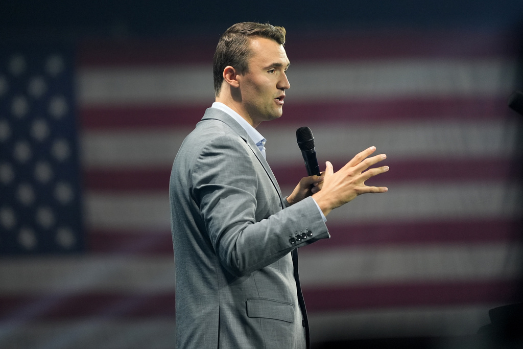 FILE - Turning Point USA Founder Charlie Kirk speaks before Republican presidential candidate former President Donald Trump arrives at the Turning Point Believers' Summit, July 26, 2024, in West Palm Beach, Fla. (AP Photo/Alex Brandon, File)