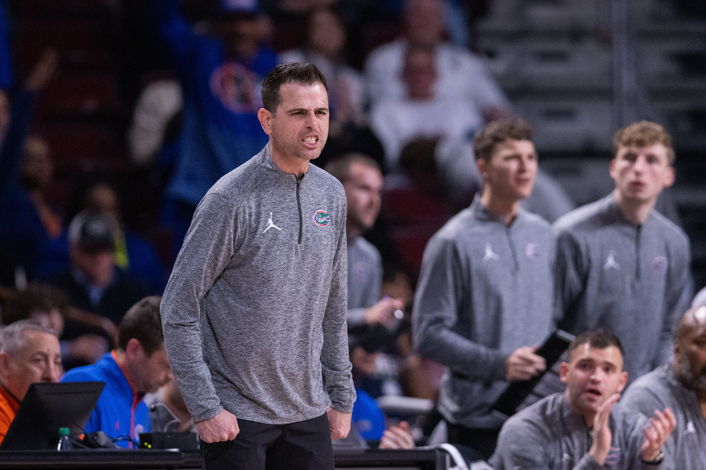 Florida head coach Todd Golden reacts during the first half against South Carolina in an NCAA college basketball game Wednesday, Jan. 28, 2026, in Columbia, S.C. (AP Photo/Scott Kinser)