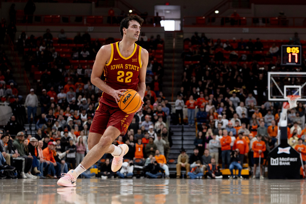 Iowa State forward Milan Momcilovic (22) prepares to shoot the ball in the first half of the NCAA college basketball game against Oklahoma State, Saturday, Jan. 24, 2026 in Stillwater, Okla. (AP Photo/Mitch Alcala)