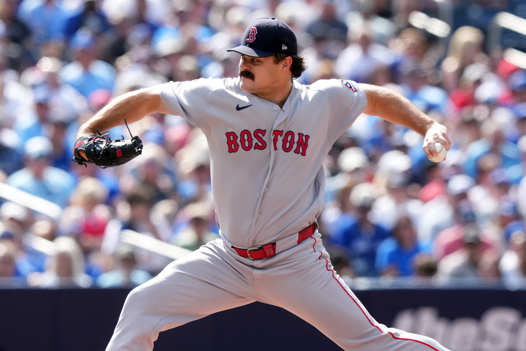 Boston Red Sox pitcher Payton Tolle (70) pitches against the Toronto Blue Jays during the second inning of a baseball game in Toronto, Thursday, Aug. 13, 2026. (Nathan Denette/The Canadian Press via AP)
