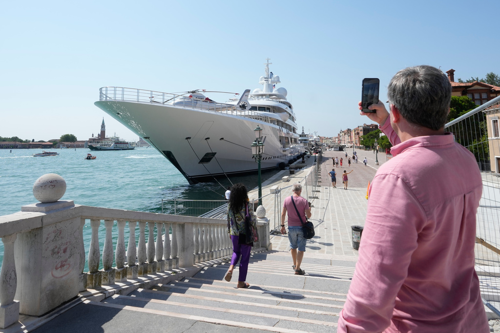 U.S. Ambassador Tilman Fertitta's superyacht 'Boardwall' is docked as part of "Freedom 250 Coastal Diplomacy" tour, as protest by activists is expected this afternoon, in Venice, Friday, July 17, 2026. (AP Photo/Luca Bruno)