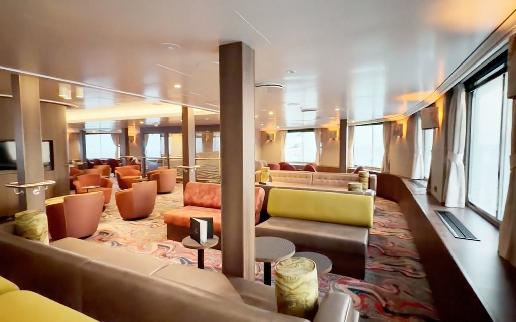 A view of the inside of the Dutch-flagged MV Hondius, a cruise ship carrying nearly 150 people as it remains off Cape Verde on Monday, May 4, 2026 after three passengers died and several others fell seriously ill in a suspected hantavirus outbreak. (Qasem Elhato via AP)