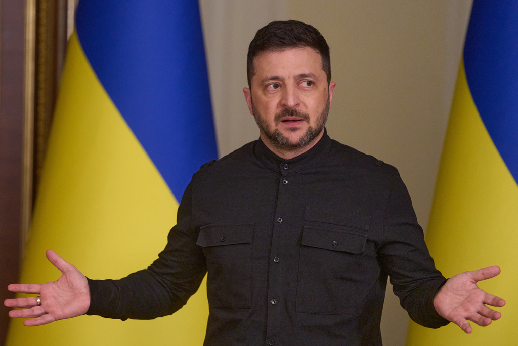 Ukrainian President Volodymyr Zelenskyy talks during his press conference in Kyiv, Ukraine, Friday, Oct. 10, 2025. (AP Photo/Efrem Lukatsky)