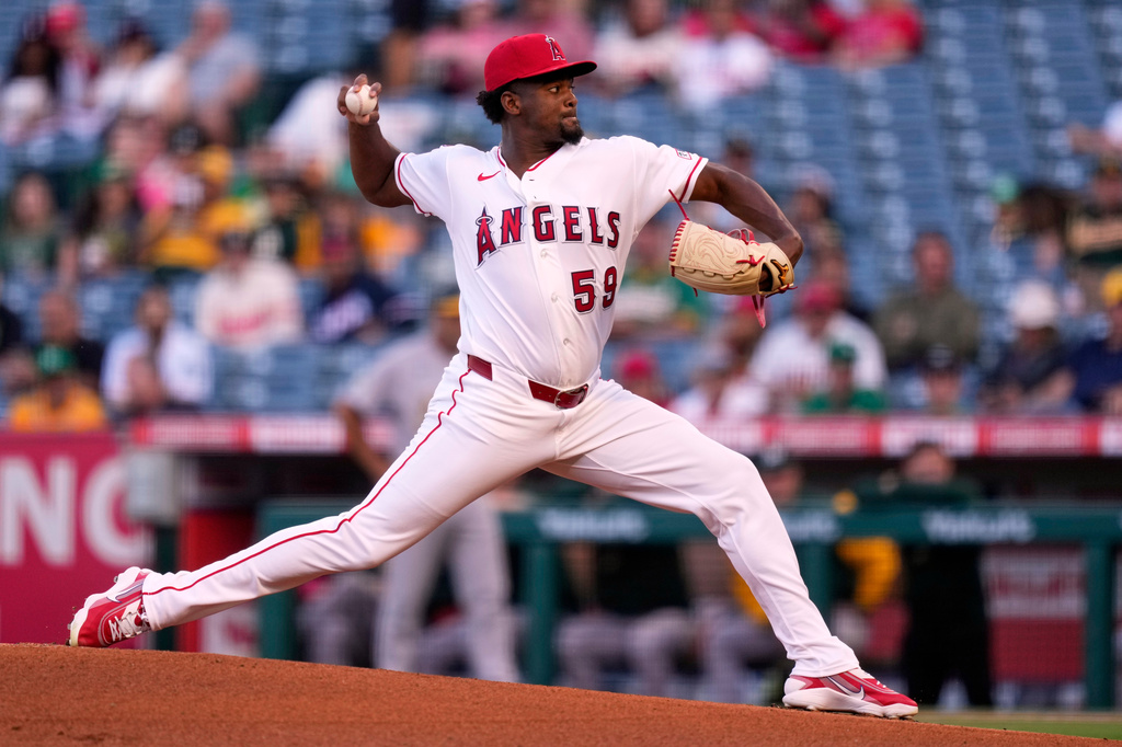 Los Angeles Angels pitcher José Soriano throws to the plate during the first inning of a baseball game against the Athletics, Thursday, May 21, 2026, in Anaheim, Calif. (AP Photo/Mark J. Terrill)