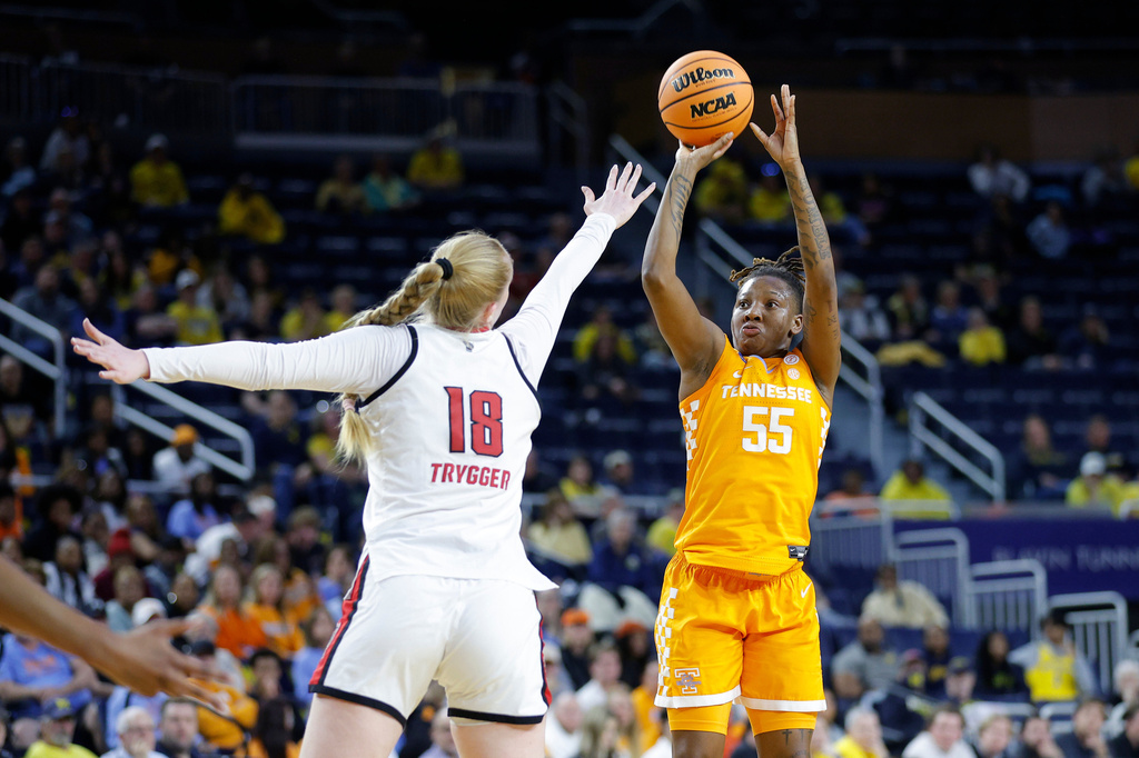 Tennessee guard Talaysia Cooper (55) looks to shoot against North Carolina State forward Tilda Trygger (18) during the first half in the first round of the NCAA college basketball tournament, Friday, March 20, 2026, in Ann Arbor, Mich. (AP Photo/Al Goldis)