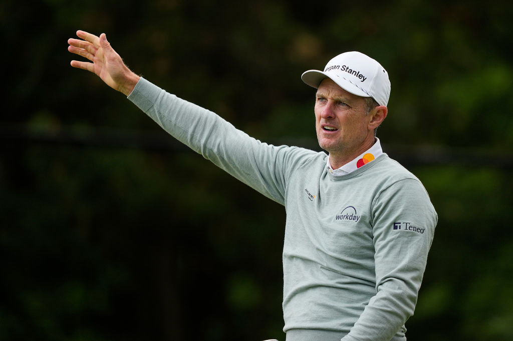 Justin Rose, of England, hits from the 13th tee during the second round of the PGA Championship golf tournament at Aronimink Golf Club, Friday, May 15, 2026, in Newtown Square, PA. (AP Photo/Carolyn Kaster)