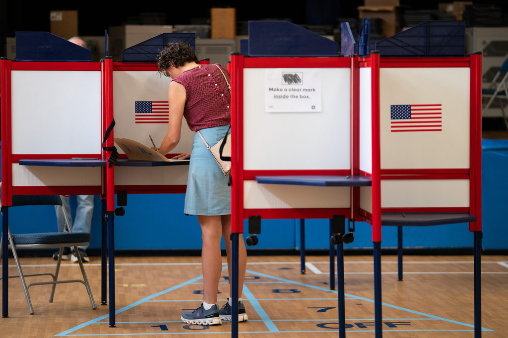 An individual votes at Lyles-Crouch Traditional Academy during the Virginia primary election, Tuesday, Aug. 4, 2026, in Alexandria, Va. (AP Photo/Allison Robbert)