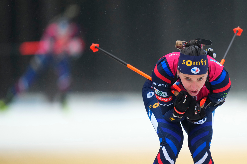 FILE - Julia Simon of France competes during the women's 10 km pursuit race at the Biathlon World Championship in Nove Mesto na Morave, Czech Republic, Sunday, Feb. 11, 2024. (AP Photo/Petr David Josek, File)