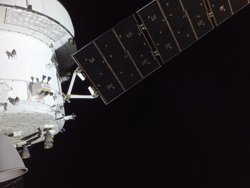 In this image provided by NASA, the Artemis II crew captured this image of Orion spacecraft pictured from one of the cameras mounted on its solar array wings on Tuesday, April 7, 2026. (NASA via AP)