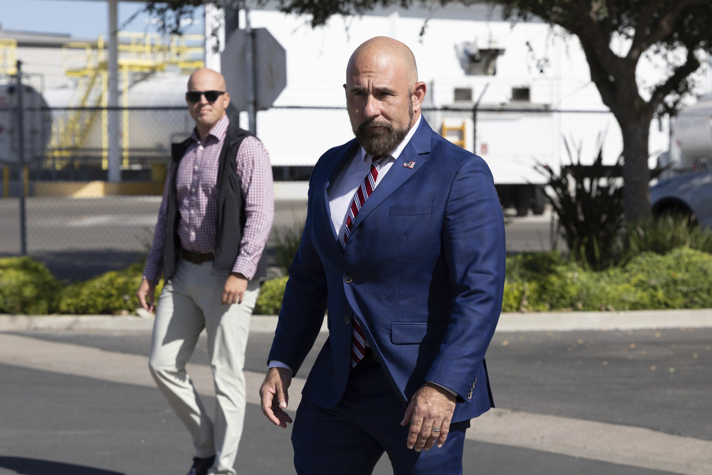 Florida Lt. Gov. Jay Collins arrives for a news conference, Thursday, Aug. 21, 2025, in Stockton, Calif. Collins and law enforcement escorted Harjinder Singh to an airplane after the press conference. (AP Photo/Benjamin Fanjoy)