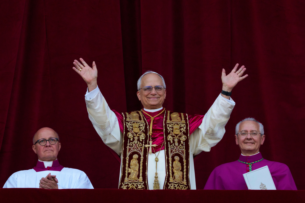 FILE - Newly elected Pope Leo XIV appears at the balcony of St. Peter's Basilica at the Vatican, Thursday, May 8, 2025. (AP Photo/Alessandra Tarantino, File)