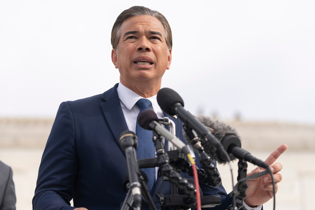 FILE - California Attorney General Rob Bonta speaks to reporters outside the Supreme Court, on Nov. 5, 2025, in Washington. (AP Photo/Mark Schiefelbein, File)