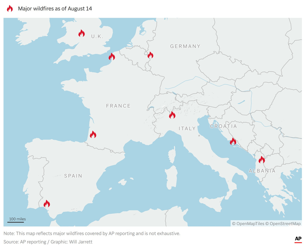 A map showing the location of some major wildfires in Europe on August 14. (AP Digital Embed)