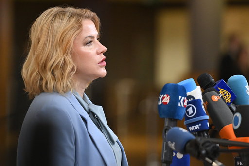 Latvia's Prime Minister Evika Silina speaks with the media as she arrives for an EU Summit at the European Council building in Brussels, Thursday, Oct. 23, 2025. (AP Photo/Harry Nakos) Latvia's Prime Minister Evika Silina speaks with the media as she arrives for an EU Summit at the European Council building in Brussels, Thursday, Oct. 23, 2025. (AP Photo/Harry Nakos)