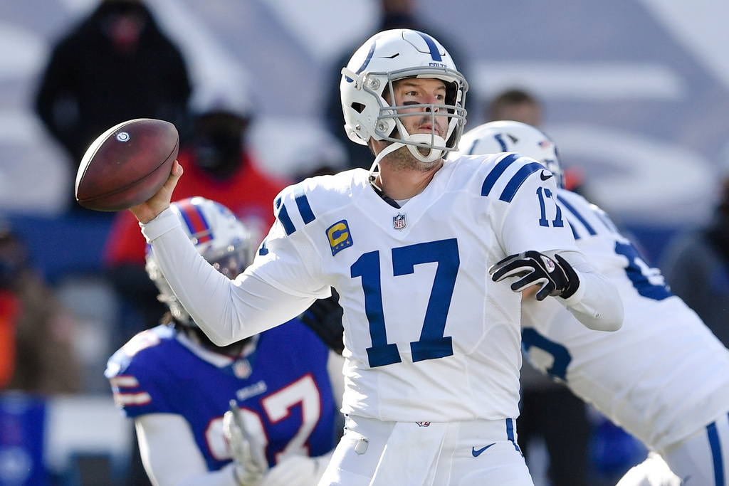 FILE - Indianapolis Colts quarterback Philip Rivers (17) throws a pass during the first half of an NFL wild-card playoff football game against the Buffalo Bills, Saturday, Jan. 9, 2021, in Orchard Park, N.Y. (AP Photo/Adrian Kraus, File)