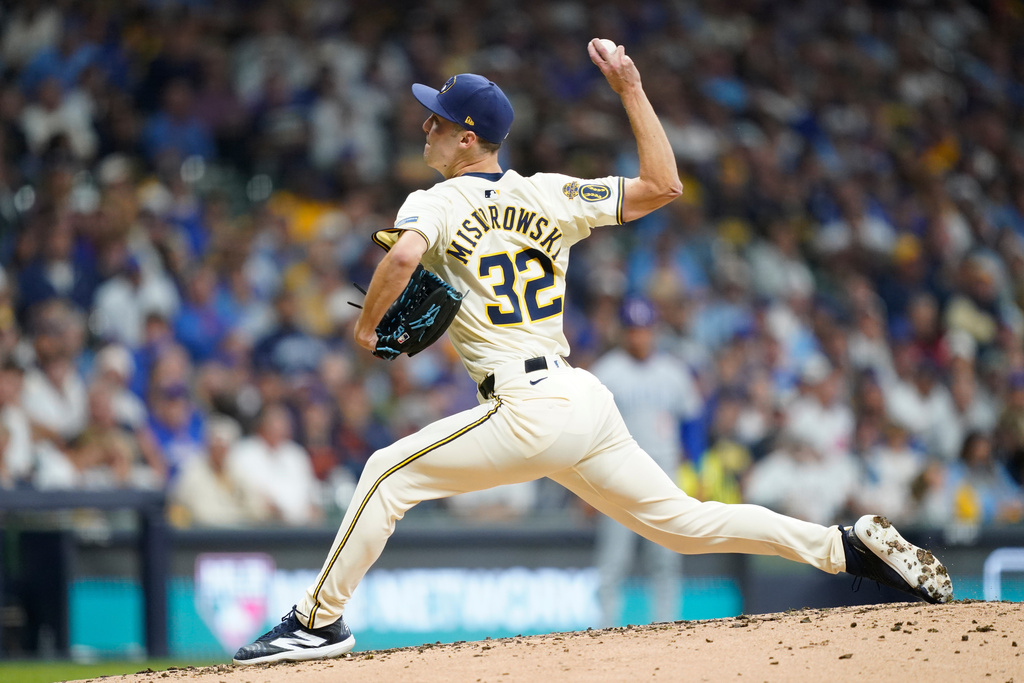 Milwaukee Brewers relief pitcher Jacob Misiorowski (32) delivers during the third inning of Game 2 of baseball's National League Division Series against the Chicago Cubs Monday, Oct. 6, 2025, in Milwaukee. (AP Photo/Kayla Wolf)