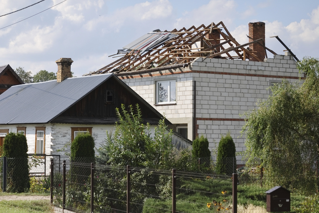 A destroyed roof of a house, after Russian drones violated Polish airspace during an attack on Ukraine, in Wyryki near Lublin, Poland, Wednesday, Sept. 10, 2025. (AP Photo)