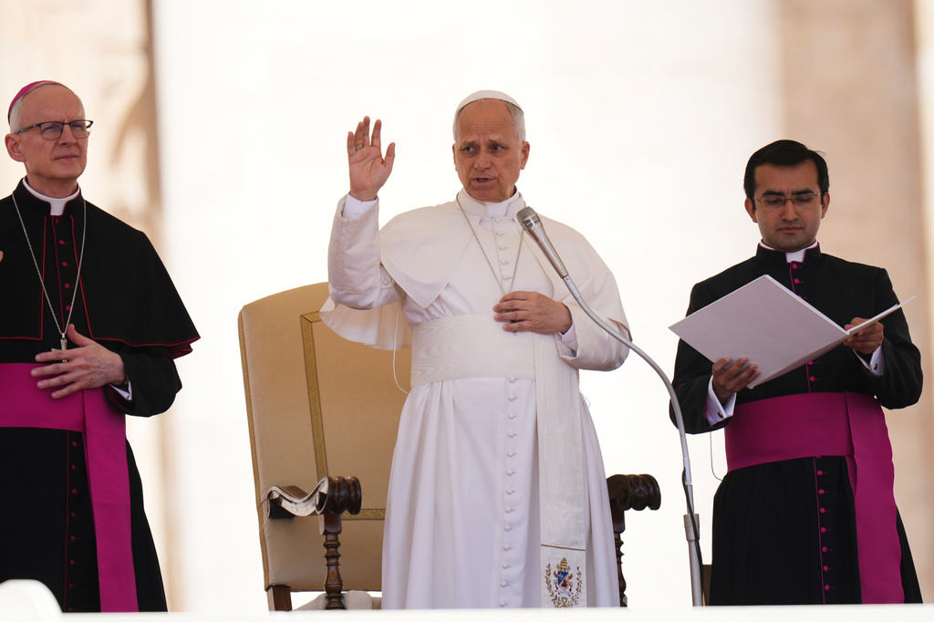 Pope Leo XIV holds his weekly general audience in St. Peter's Square at The Vatican, Wednesday, Wednesday, April 29, 2026. (AP Photo/Alessandra Tarantino)