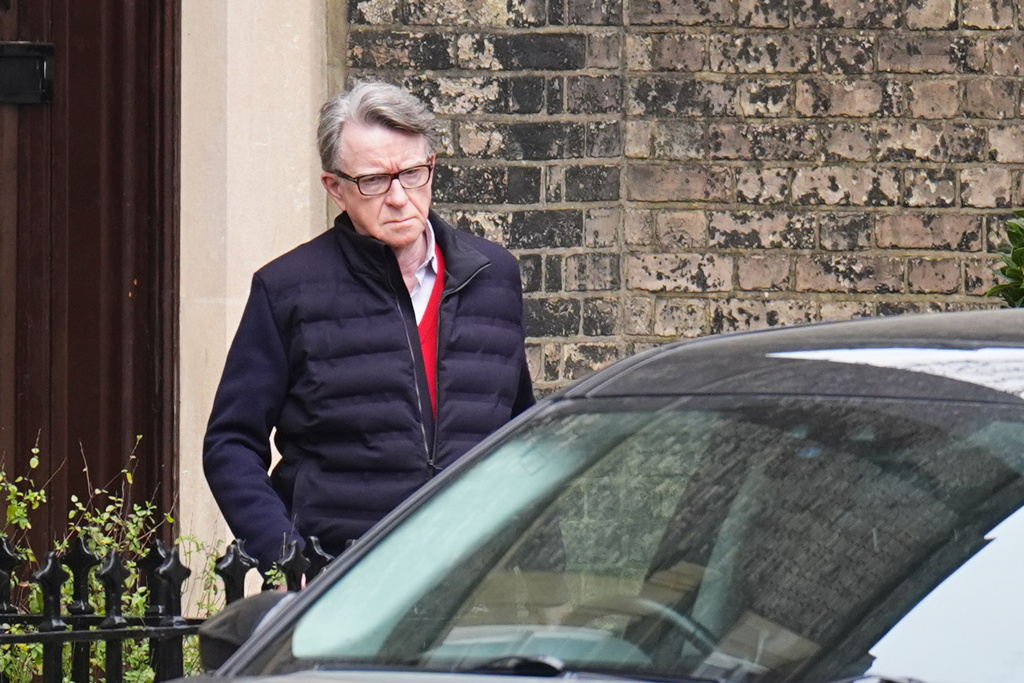 Peter Mandelson ouside his home in London, Thursday Feb. 26, 2026. (James Manning/PA via AP)
