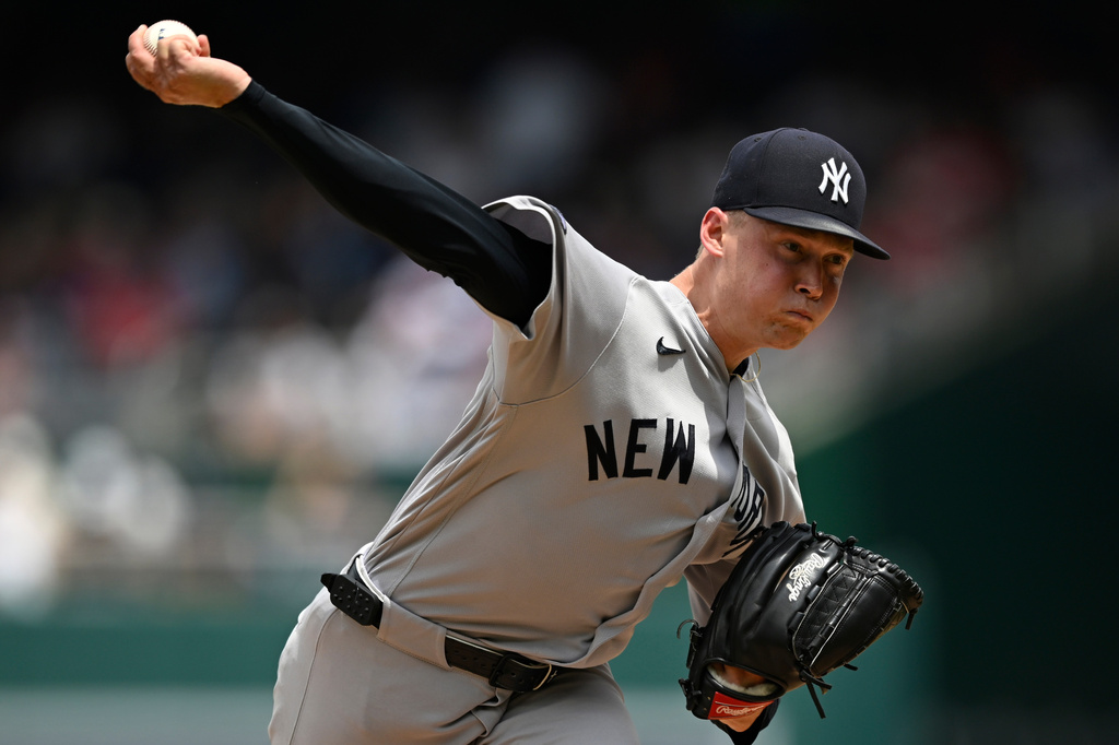 New York Yankees starting pitcher Will Warren throws during the first inning of a baseball game against the Washington Nationals, Sunday July 12, 2026, in Washington. (AP Photo/John McDonnell)