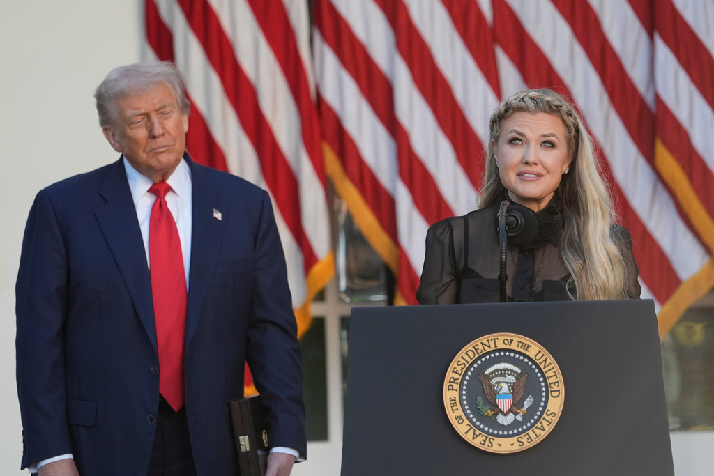 Erika Kirk speaks after President Donald Trump posthumously awarded the Presidential Medal of Freedom to Charlie Kirk in the Rose Garden of the White House, Tuesday, Oct. 14, 2025, in Washington. (AP Photo/Alex Brandon)