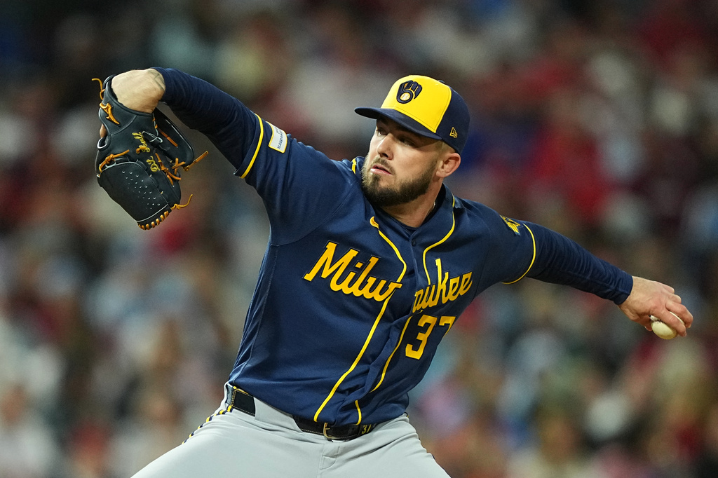 Milwaukee Brewers' Dl Hall pitches during the sixth inning of a baseball game against the Philadelphia Phillies, Wednesday, Sept. 23, 2026, in Philadelphia. (AP Photo/Matt Rourke)