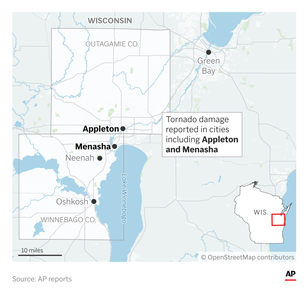 A tornado ripped through northeastern Wisconsin on Monday, damaging homes and knocking out power to thousands of people. (AP Digital Embed)