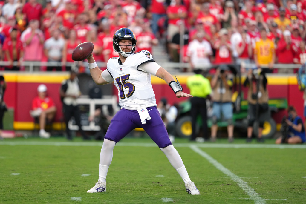 Baltimore Ravens quarterback Cooper Rush throws during the second half of an NFL football game against the Kansas City Chiefs Sunday, Sept. 28, 2025, in Kansas City, Mo. (AP Photo/Ed Zurga)