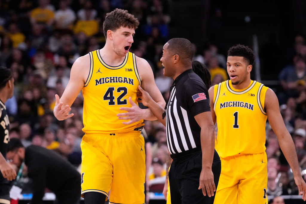 Michigan forward Will Tschetter (42) reacts to a call during the first half of an NCAA college basketball game against Purdue in the championship of the Big 10 Conference tournament, Sunday, March 15, 2026, in Chicago. (AP Photo/Nam Y. Huh)