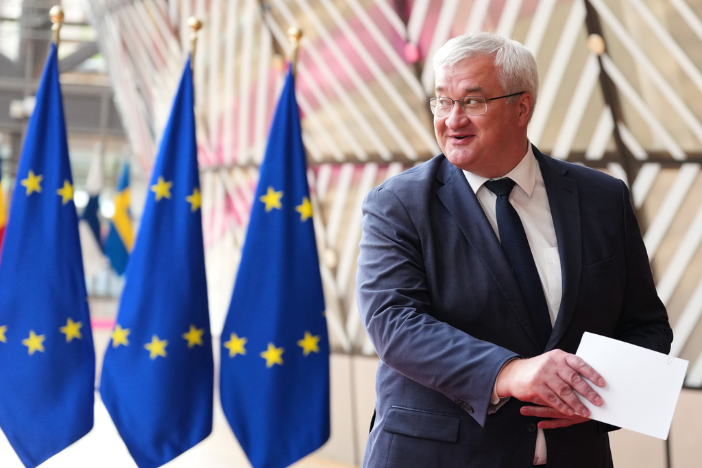 Ukraine's Foreign Minister Andrii Sybiha speaks with the media as he arrives for a meeting of EU foreign ministers at the European Council building in Brussels, Monday, May 11, 2026. (AP Photo/Virginia Mayo)