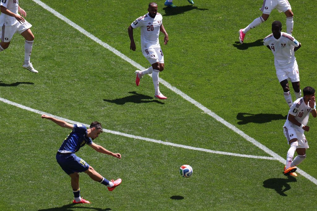 Bosnia's Kerim Alajbegovic (19) scores during the World Cup Group B soccer match between Bosnia and Qatar in Seattle, Wednesday, June 24, 2026. (AP Photo/Maddy Grassy)