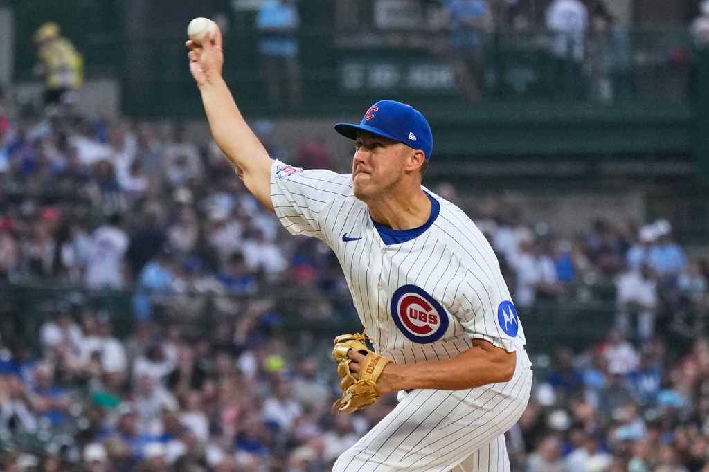 Chicago Cubs starting pitcher Jameson Taillon throws against the Detroit Tigers during the first inning of a baseball game in Chicago, Monday, July 20, 2026. (AP Photo/Nam Y. Huh)