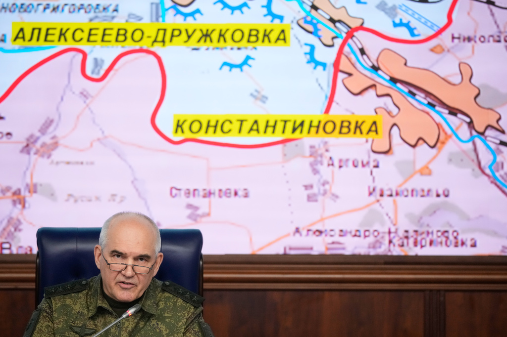 The First Deputy Chief of the General Staff of Russian Armed Forces Col. Gen. Sergei Rudskoy holds a news briefing in Moscow, Saturday, July 4, 2026. (AP Photo/Pavel Bednyakov)