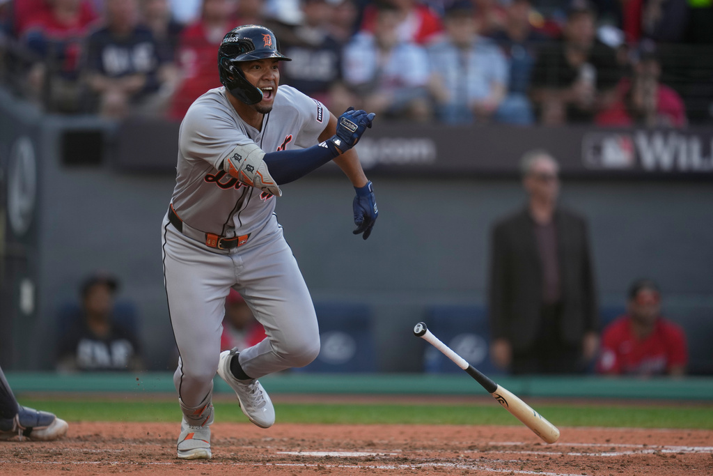 Detroit Tigers' Wenceel Pérez (46) reacts after hitting a 2-run single during the seventh inning of Game 3 of the American League Wild Card baseball playoff series against the Cleveland Guardians in Cleveland, Thursday, Oct. 2, 2025. (AP Photo/Sue Ogrocki)