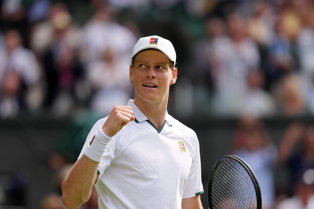 Jannik Sinner of Italy celebrates winning the men's singles match against Miomir Kecmanovic of Serbia during at the Wimbledon Tennis Championships in London, Monday, June 29, 2026.(AP Photo/Kin Cheung)