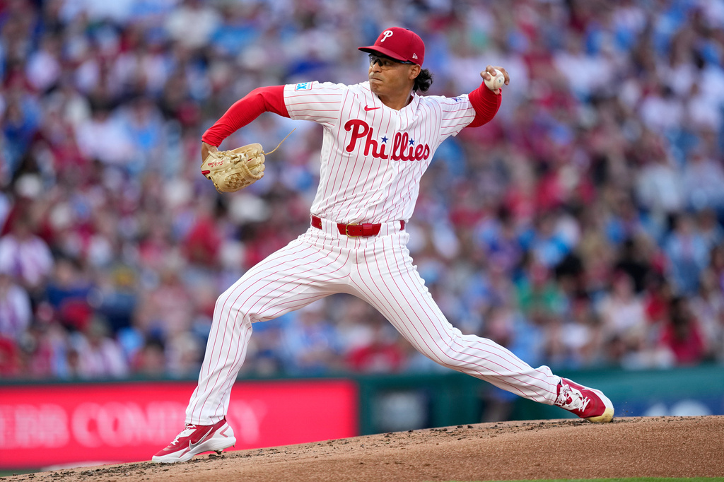 Philadelphia Phillies' Jesús Luzardo pitches during the second inning of a baseball game against the Miami Marlins Tuesday, June 16, 2026, in Philadelphia. (AP Photo/Matt Slocum)
